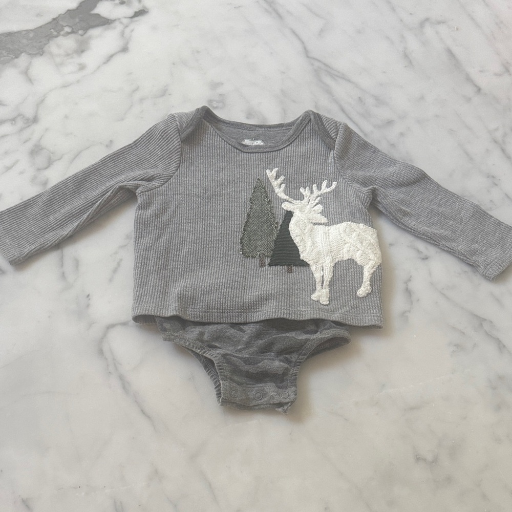 Mud Pie Winter Onesie with Reindeer and Evergreen Appliqué